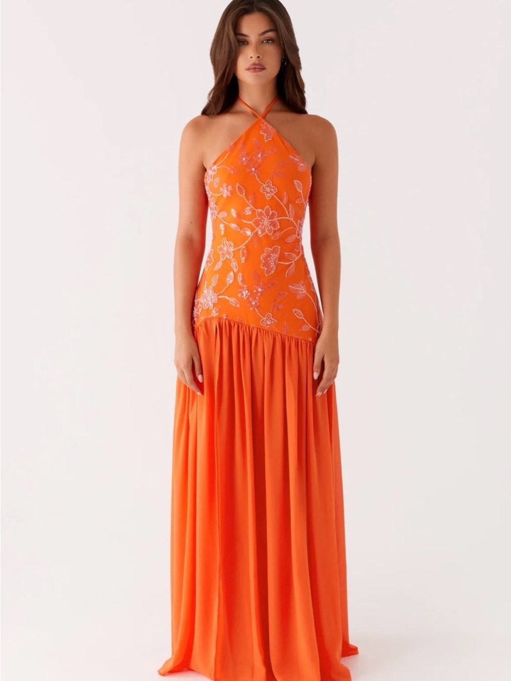 Peppermayo Janelle Beaded dress Orange Halter Maxi Dress with Floral Embroidery - Picture 3 of 6